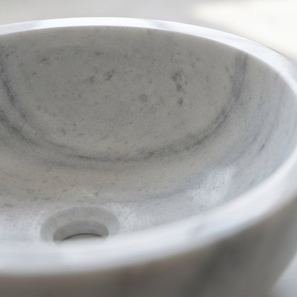 Carrara Marble Round Polished Vessel Sink — marble detail — view 3