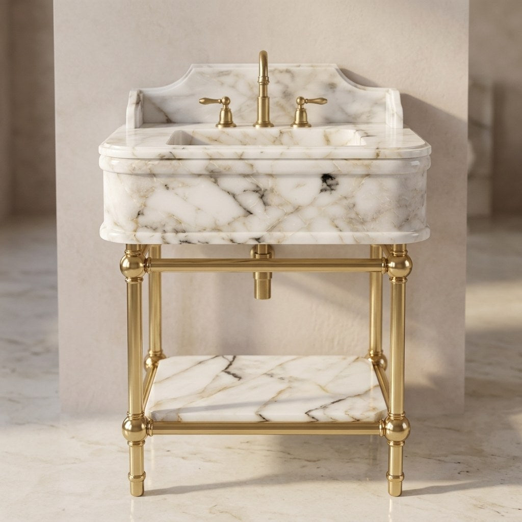 Calacatta Gold Marble Sink with Brass Stand and Backsplash — detail — view 3