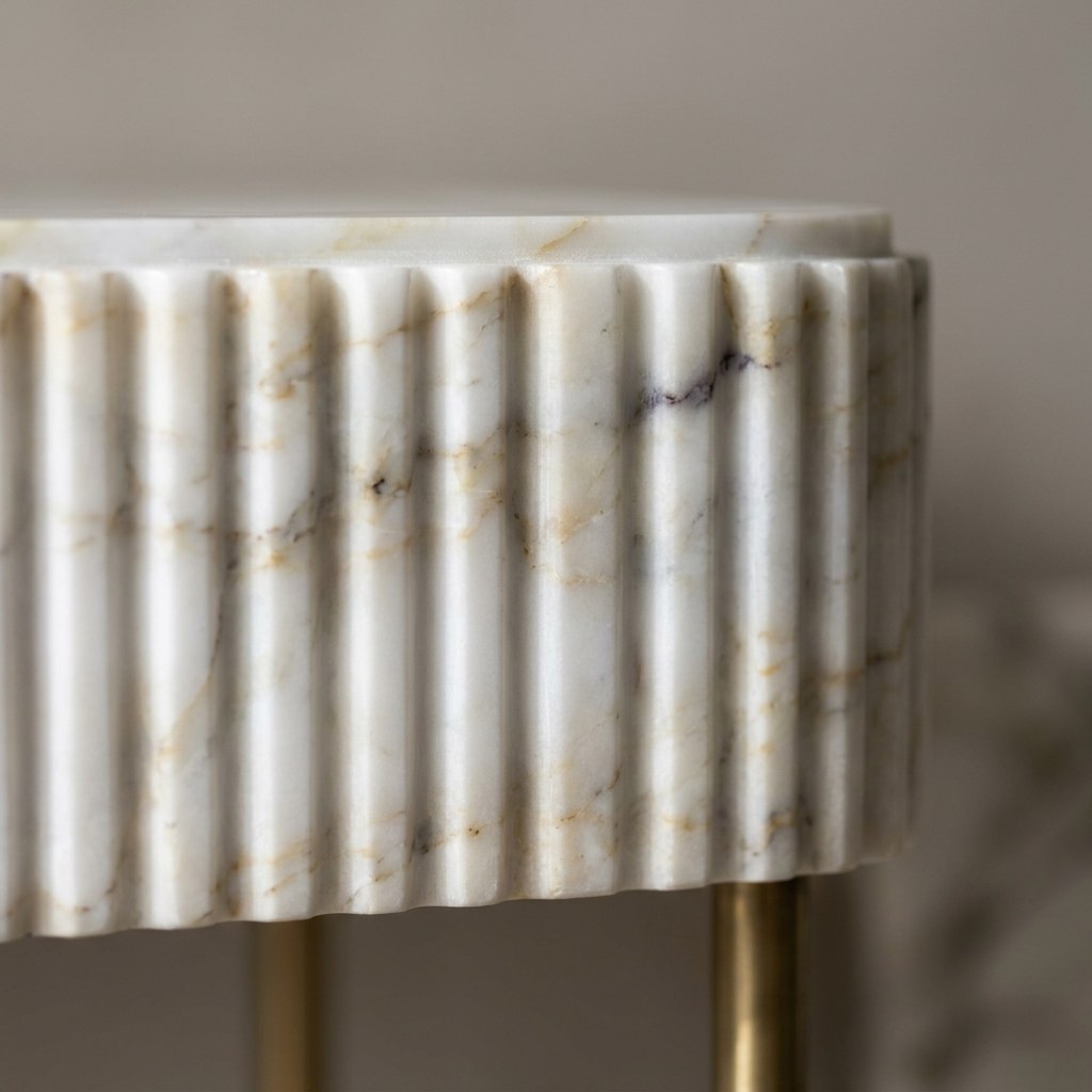 Calacatta Gold Fluted Marble Sink with Brushed Steel Stand — marble detail — view 3