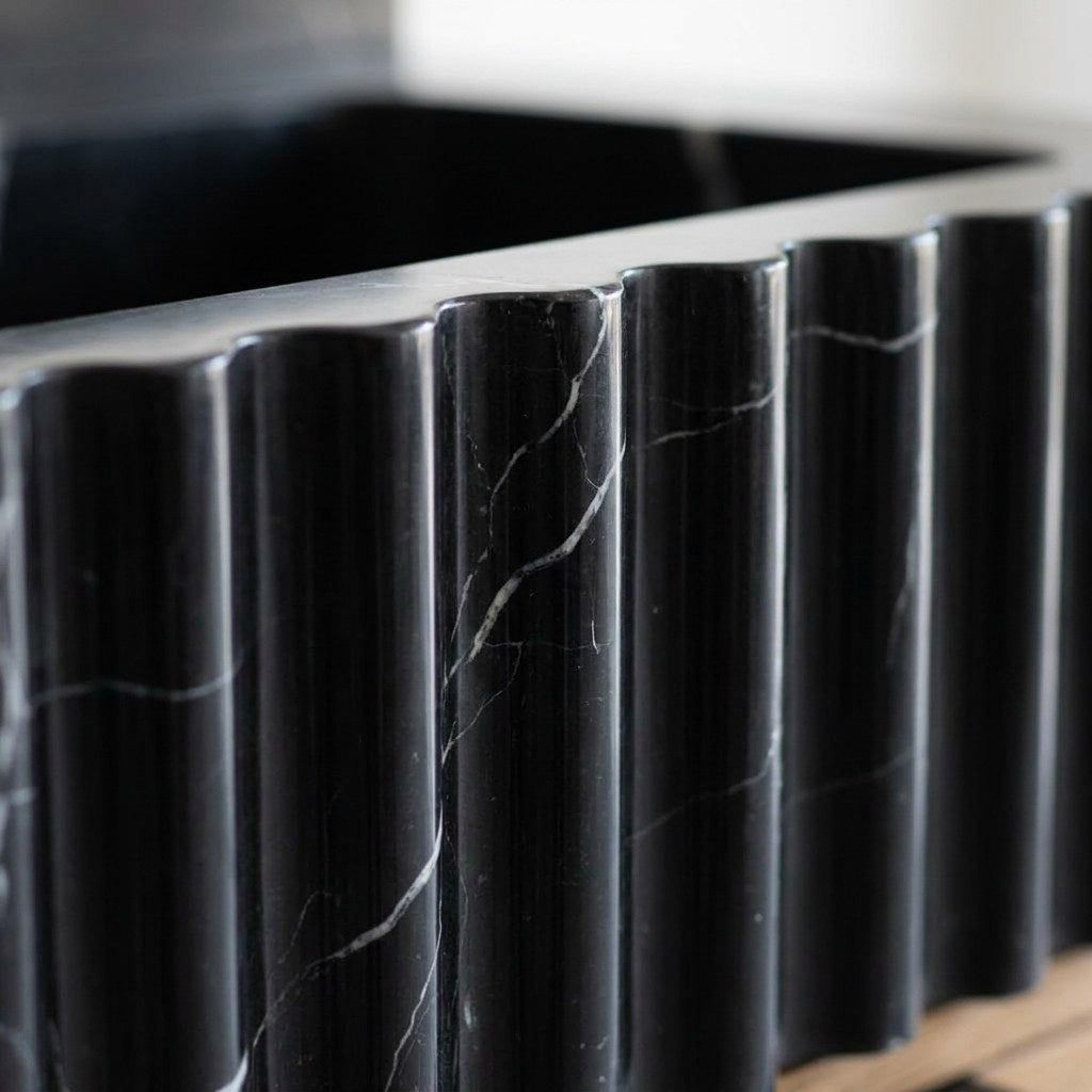 Nero Marquina Fluted Marble Vanity Sink with Backsplash — marble detail — view 3