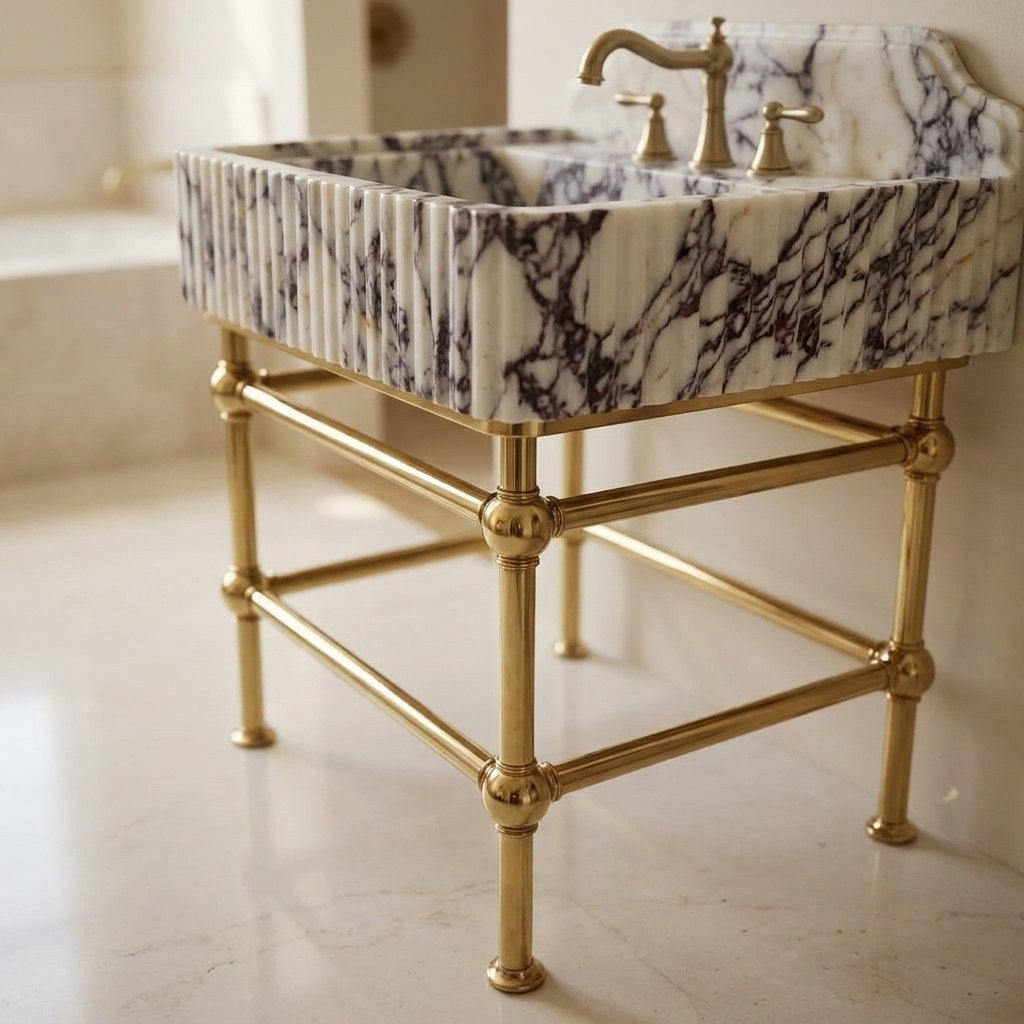 Calacatta Viola Fluted Marble Sink with Brass Stand and Backsplash — detail — view 3
