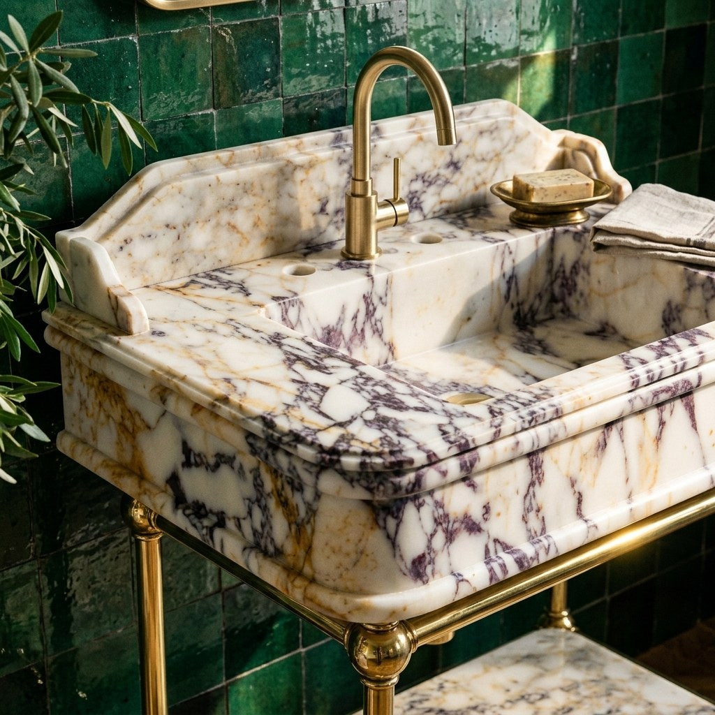 Calacatta Viola Marble Sink with Brushed Steel Stand — premium — view 2