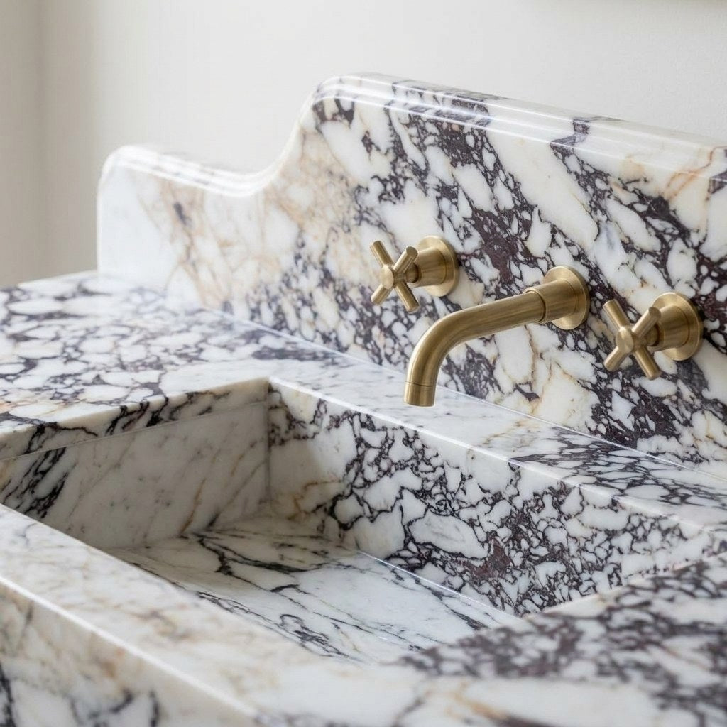 Calacatta Viola Polished Marble Sink with Backsplash — marble detail — view 3