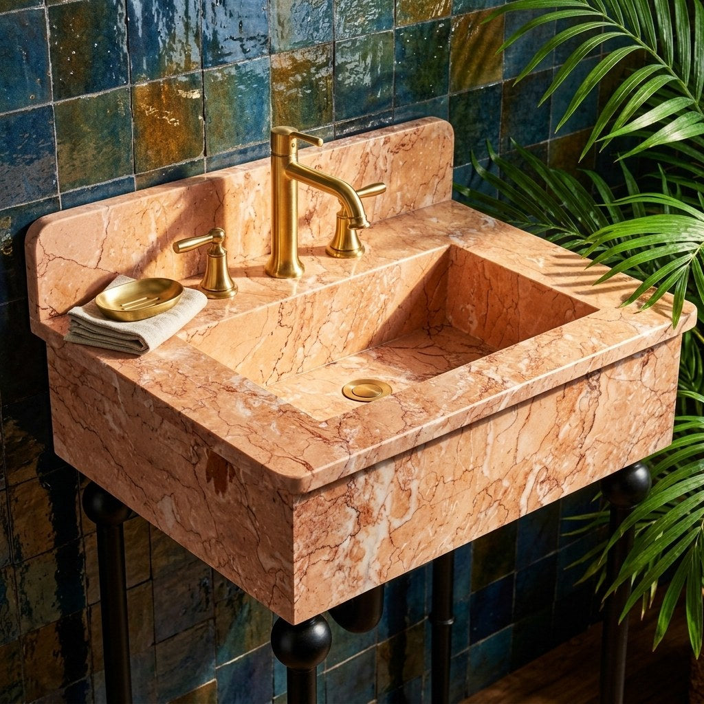 Pink Violet Marble Sink with Metal Stand and Backsplash — premium — view 2