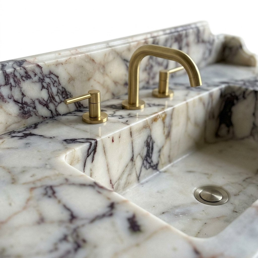 Calacatta Viola Marble Sink with Brass Gold Stand and Backsplash — marble detail — view 3