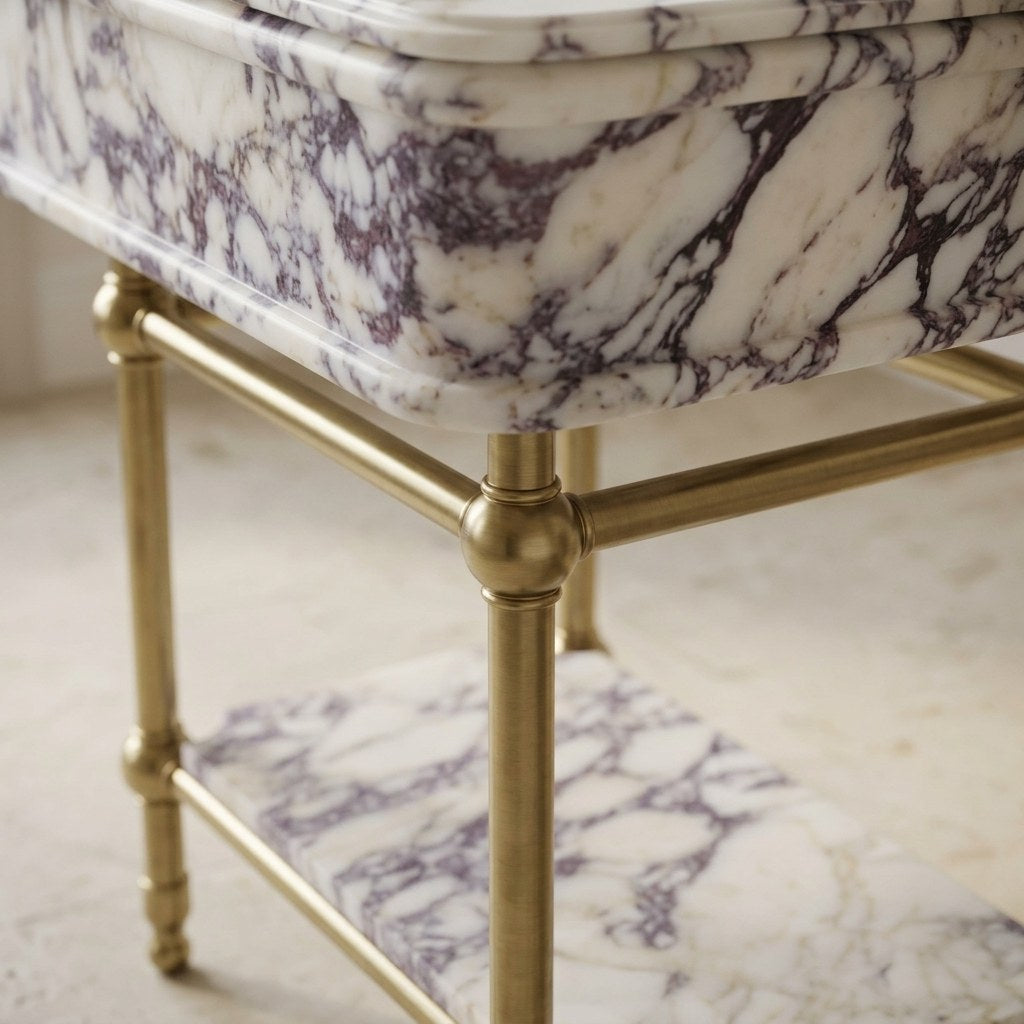 Calacatta Viola Marble Sink with Brass Stand and Backsplash — detail — view 4