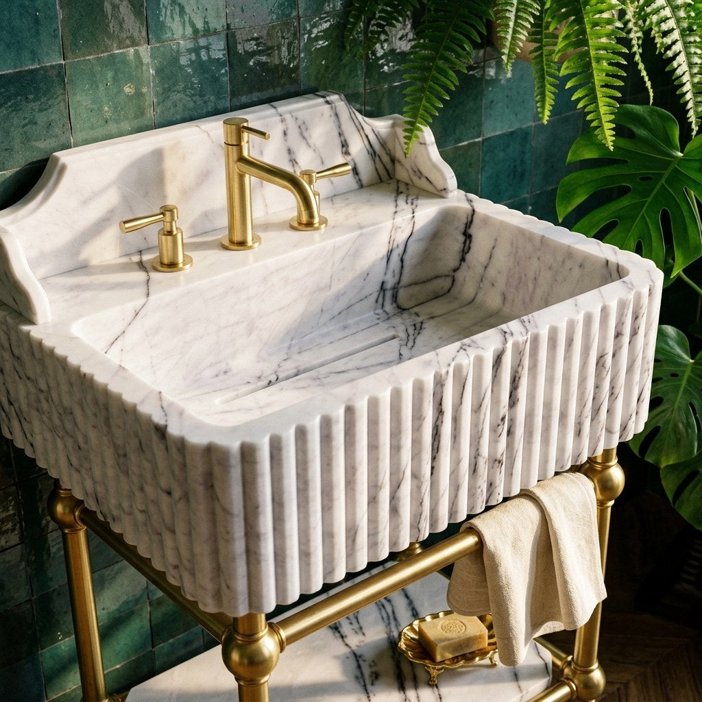 Lilac Fluted Marble Sink with Champagne Gold Stand — premium — view 2