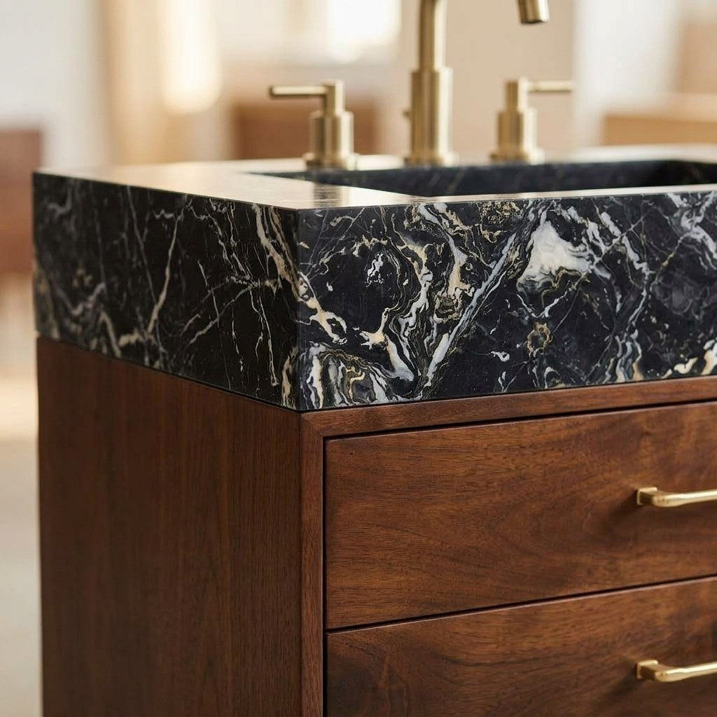 Nero Marquina Polished Marble Vanity with 3 Faucet Holes — detail — view 4