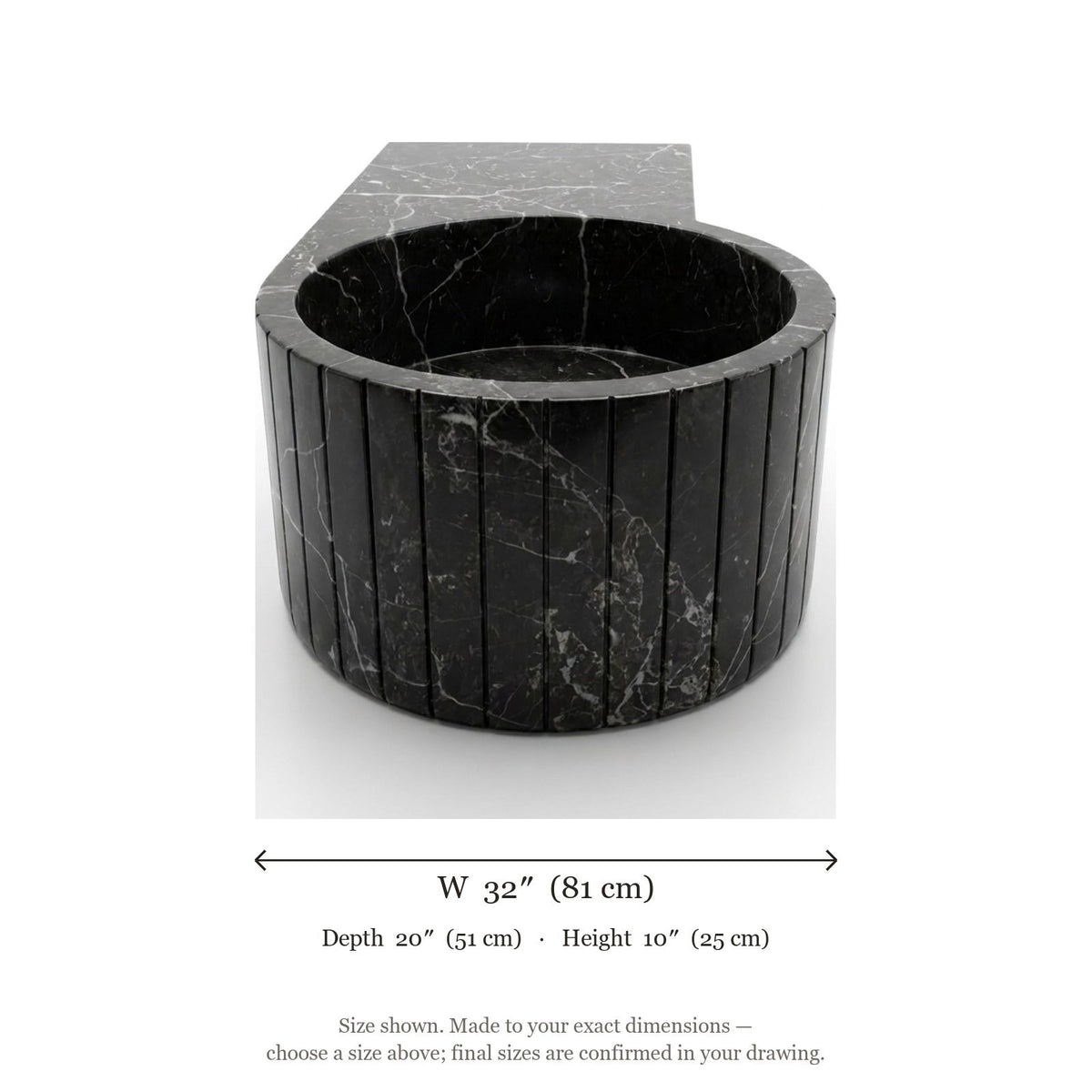 Pietra Notte Fluted Polished Marble Sink — dimensions — view 5