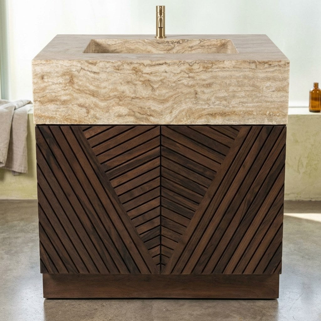Polished Travertine Marble Vanity with Integrated Sink — marble detail — view 3
