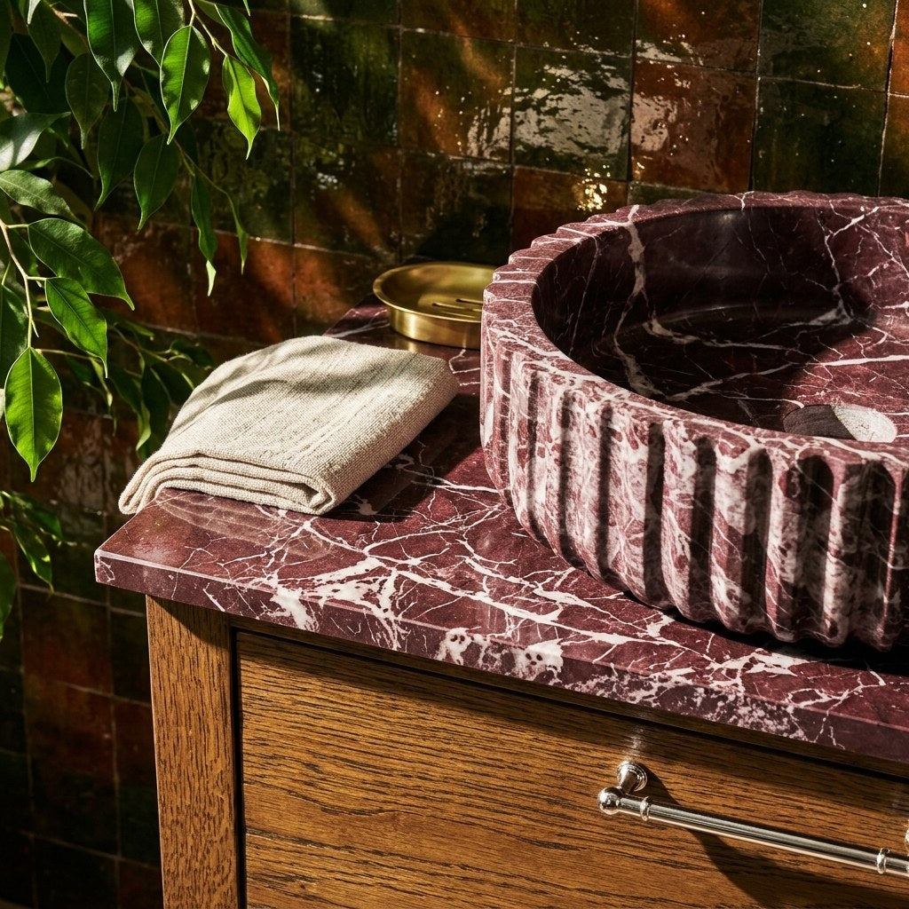 Rosso Levanto Fluted Marble Vanity Sink — premium — view 2