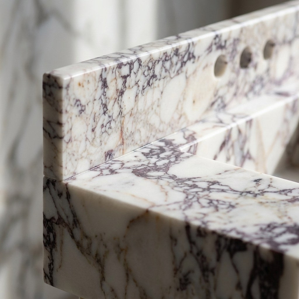 Calacatta Viola Marble Sink with Brass Stand and Backsplash — marble detail — view 3