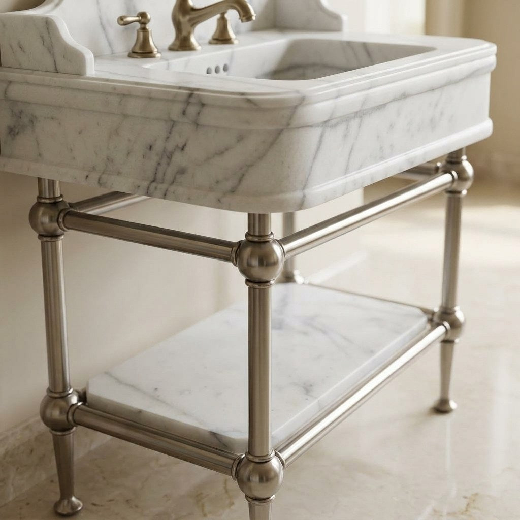 Carrara Marble Sink with Metal Stand and Backsplash — detail — view 3