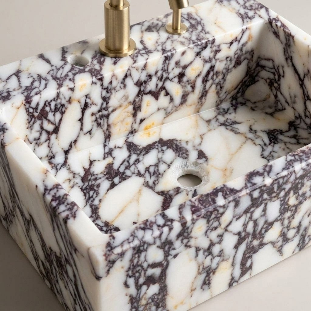 Calacatta Viola Polished Marble Sink with 3 Faucet Holes — detail — view 4