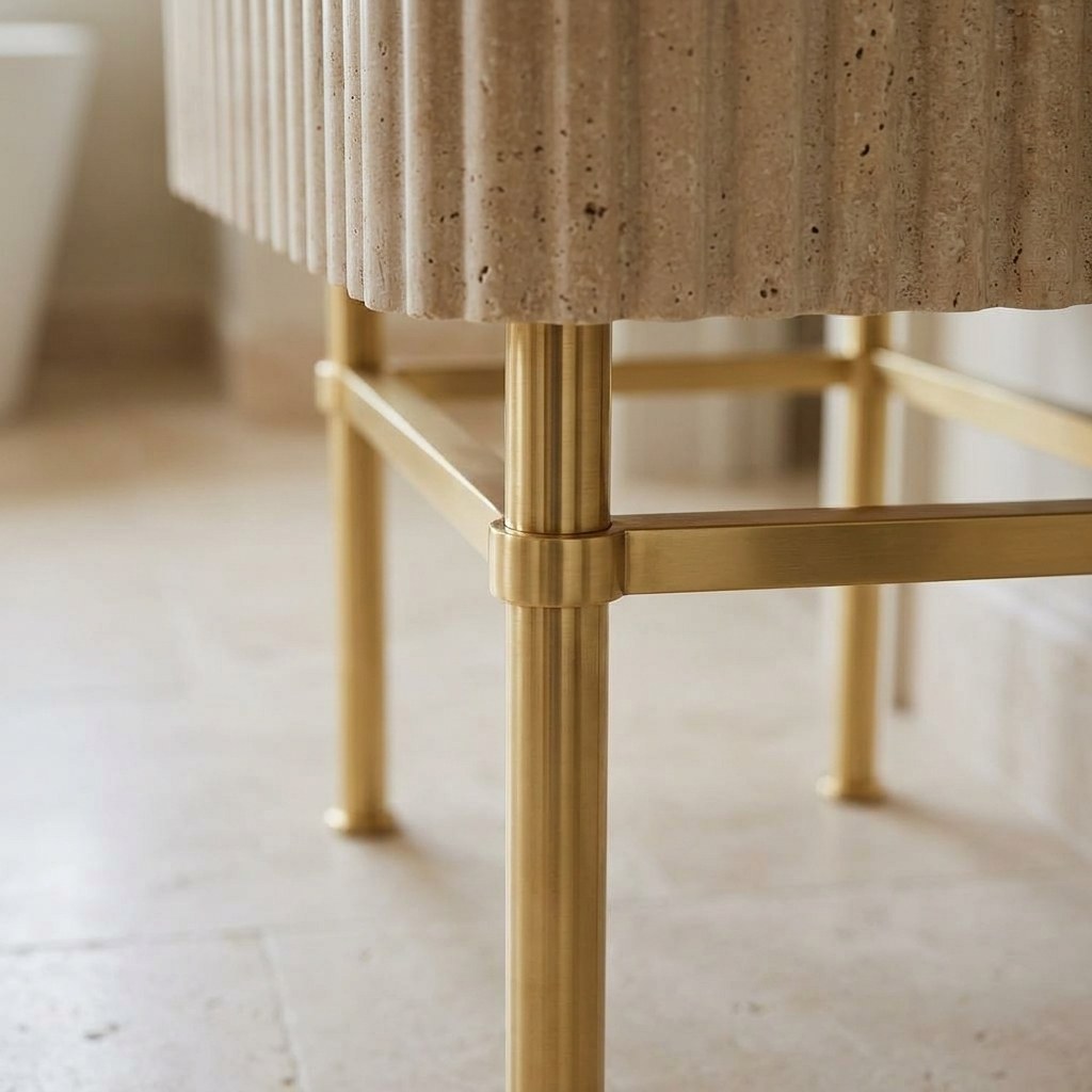 Travertine Fluted Console Sink with Brass Stand — detail — view 4