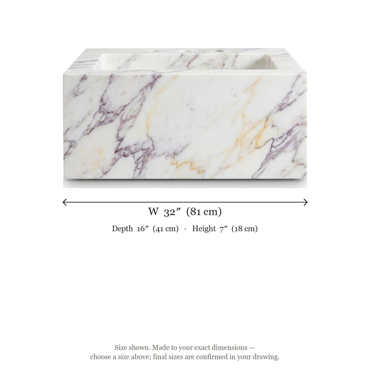 Calacatta Viola Polished Marble Sink with Backsplash — dimensions — view 3