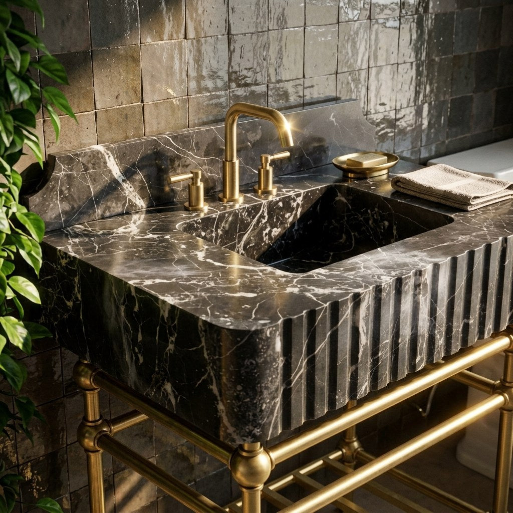 Pietra Notte Fluted Marble Sink with Brass Stand — premium — view 2