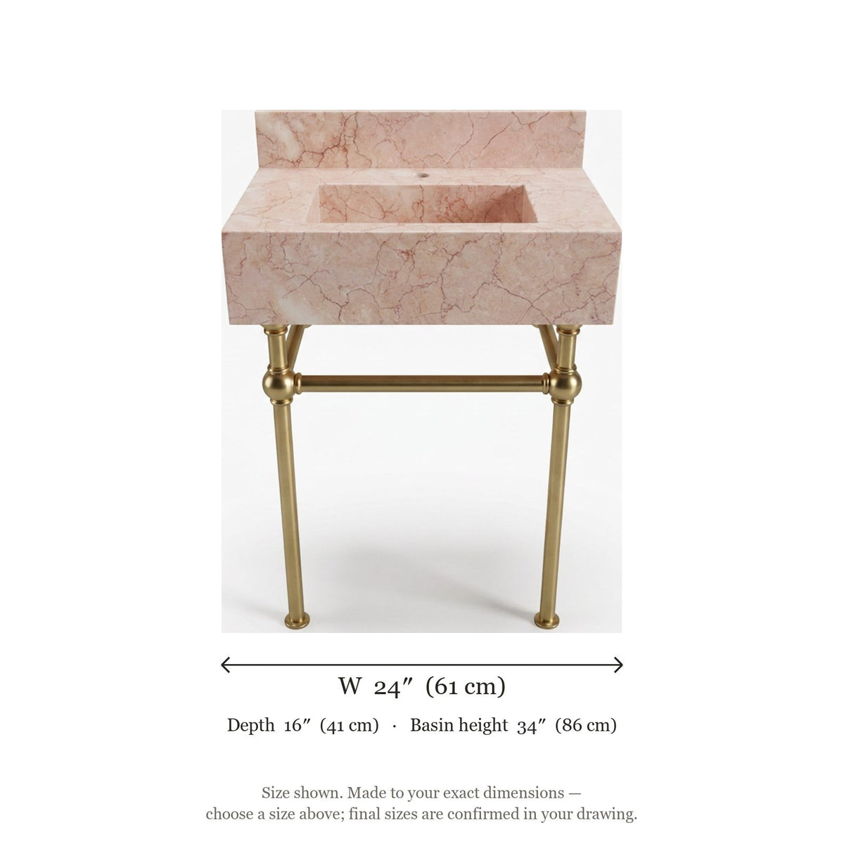 Pink Violet Marble Console Sink with Antique Brass Stand — dimensions — view 5