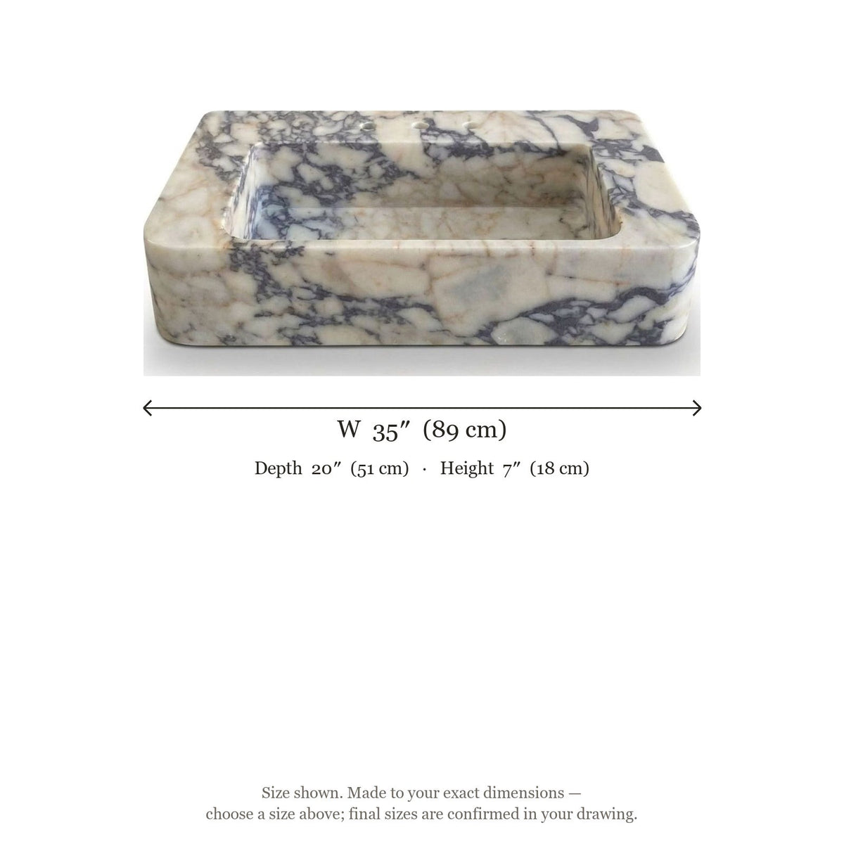 Calacatta Viola Honed Marble Rectangular Sink — dimensions — view 5