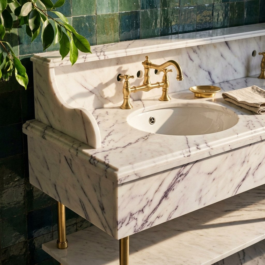 Lilac Marble Sink with Brass Stand and Backsplash — premium — view 2