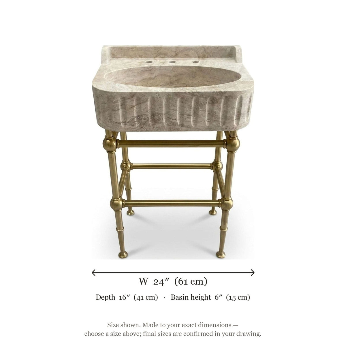 Travertine Fluted Travertine Sink with Brass Stand and Backsplash — dimensions — view 4