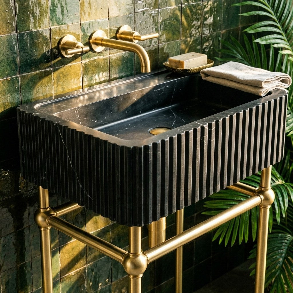 Nero Marquina Fluted Marble Sink with Brass Stand — premium — view 2