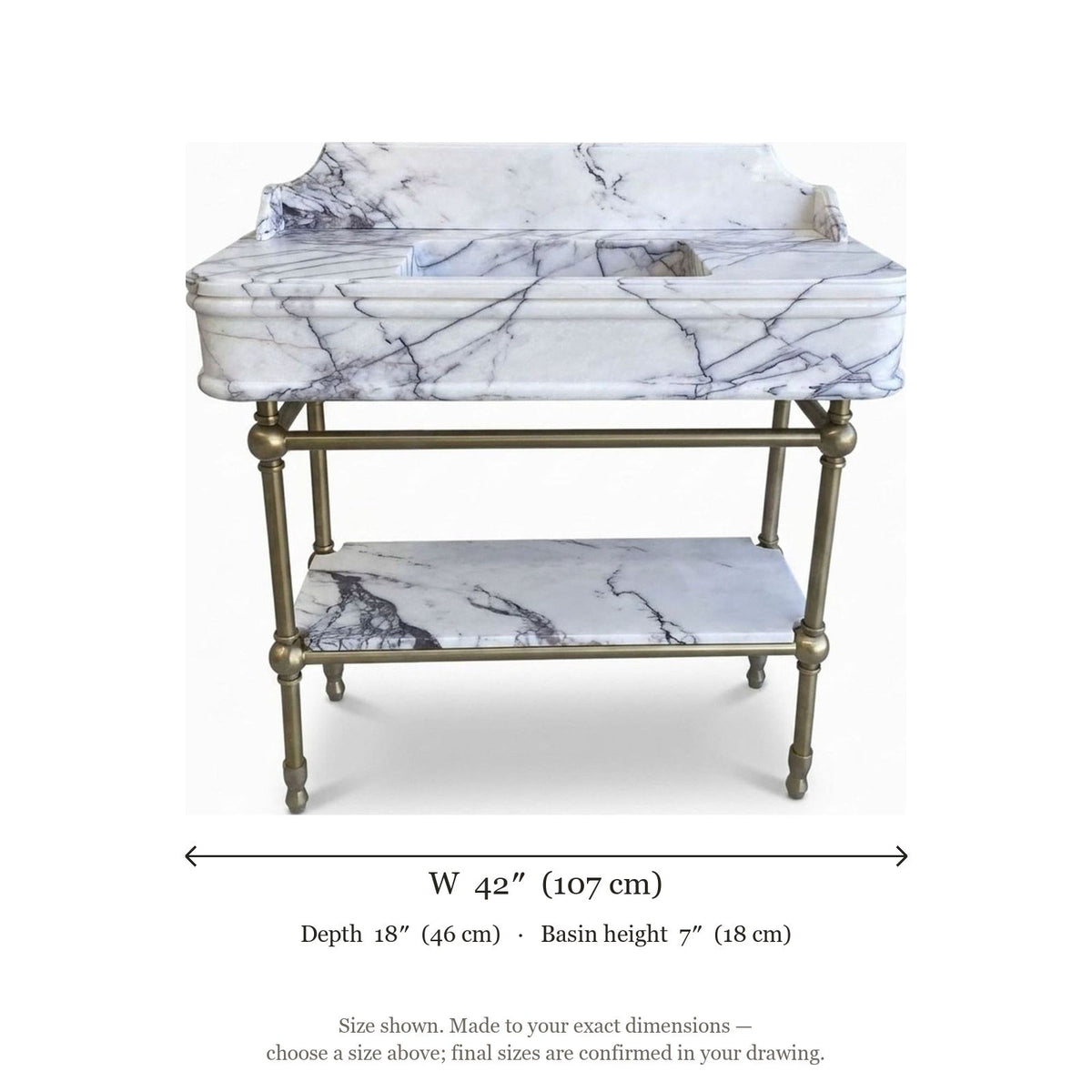 Lilac Marble Sink with Brass Stand and Backsplash — dimensions — view 3