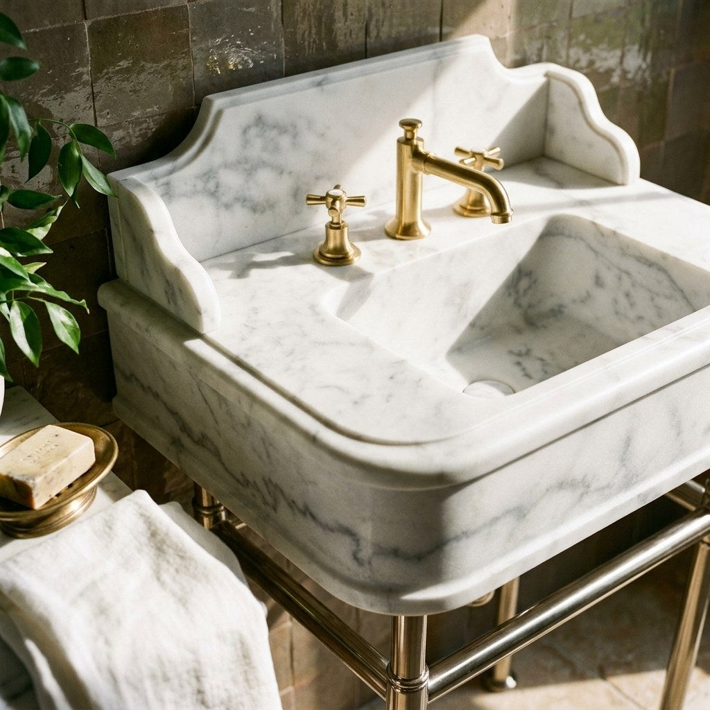 Carrara Marble Vanity Sink with Brushed Steel Stand — premium — view 2