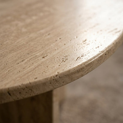 Honed Travertine Oval Table with Slab Base — marble detail