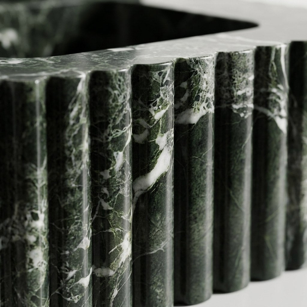 Verde Marble Fluted Sink with Backsplash — marble detail — view 3