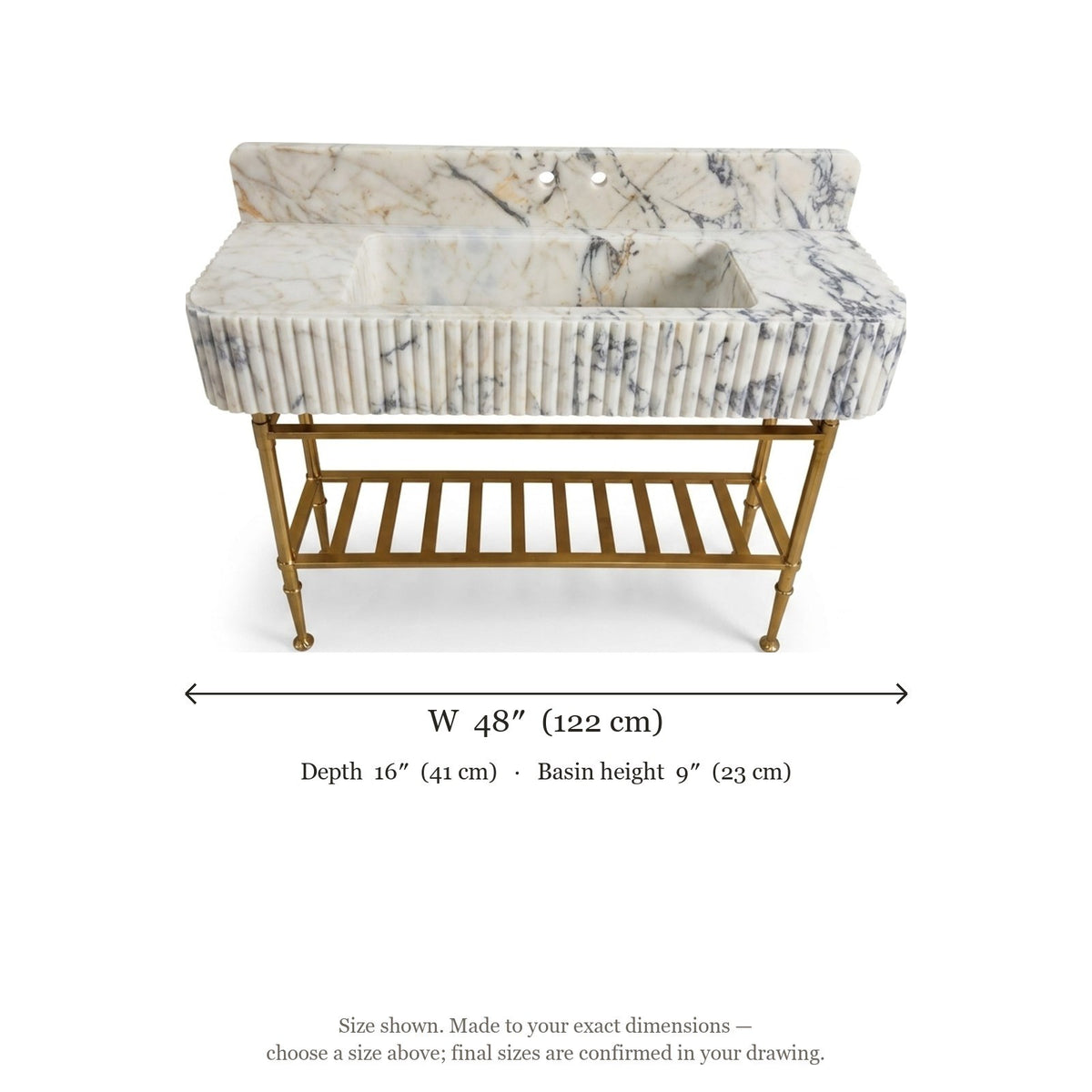 Calacatta Viola Fluted Marble Sink with Brass Stand and Backsplash — dimensions — view 4