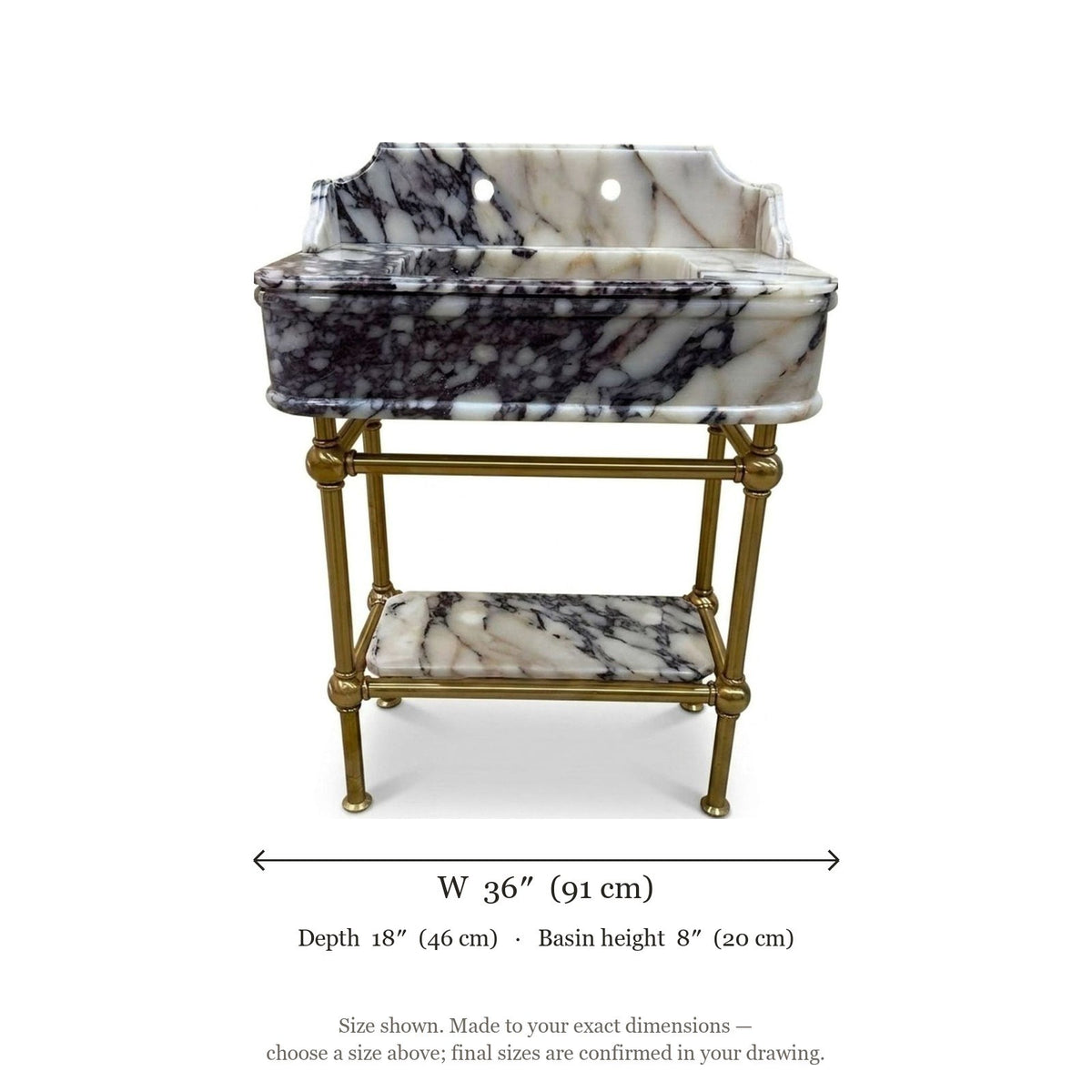 Calacatta Viola Marble Sink with Brass Stand and Backsplash — dimensions — view 5
