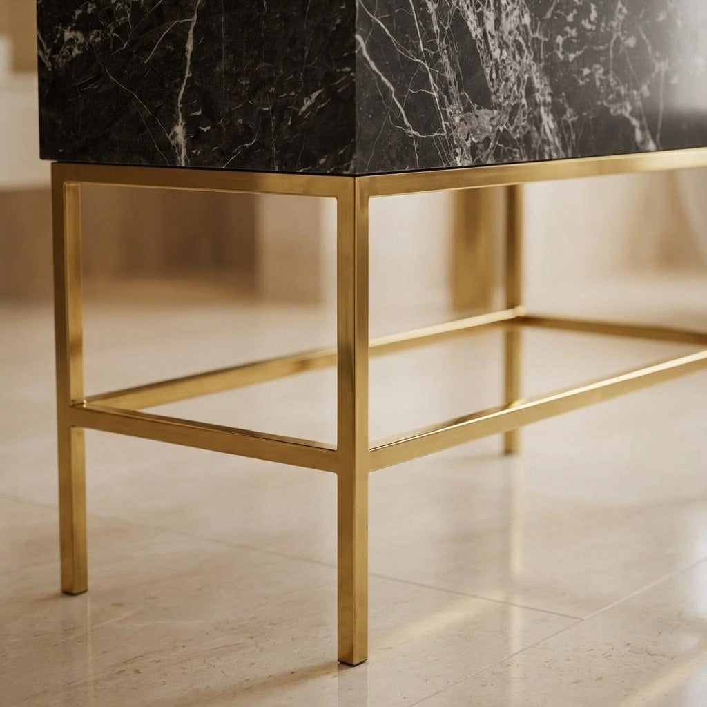 Pietra Notte Marble Sink with Backsplash and Brass Stand — detail — view 4