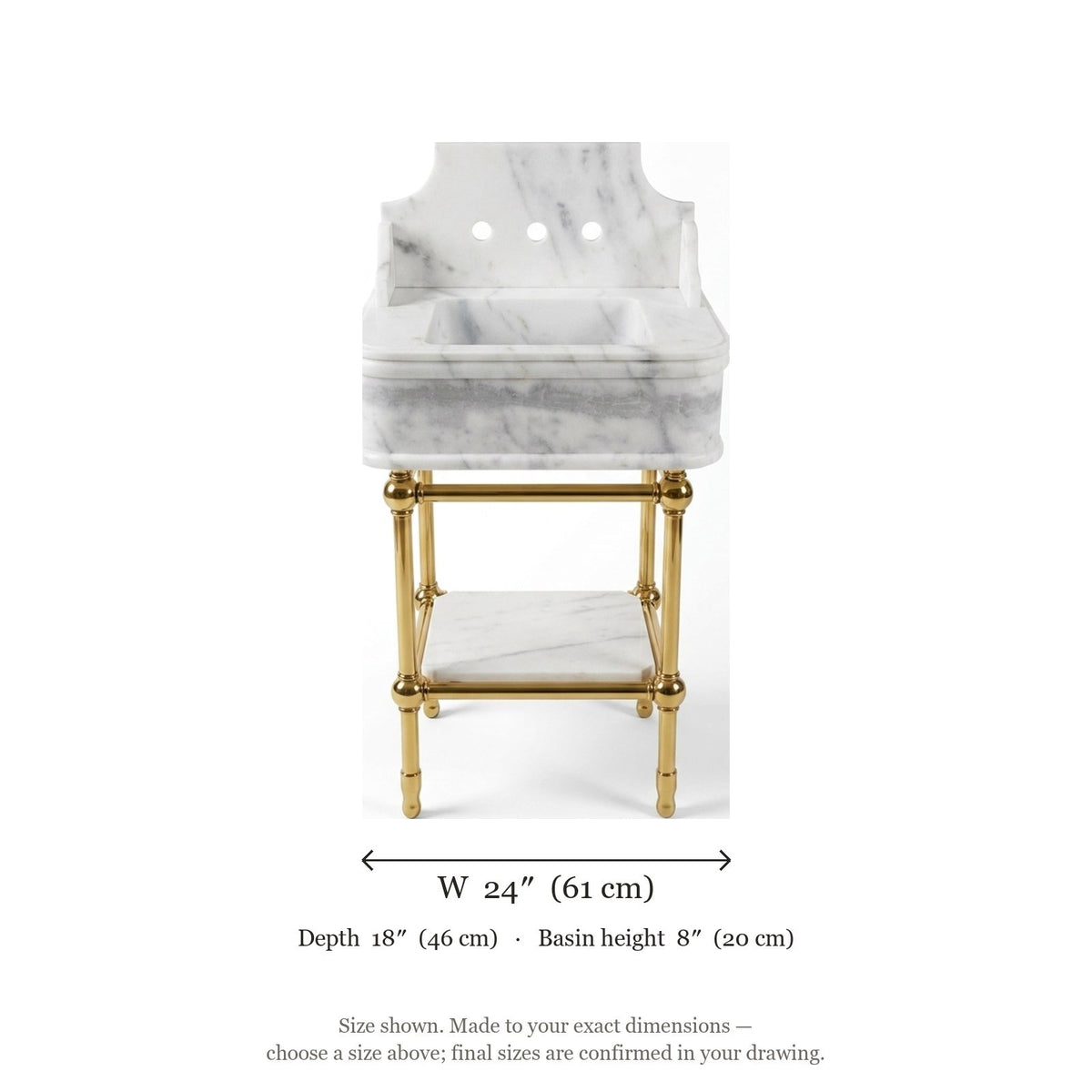 Carrara Marble Sink with Brass Stand and Backsplash — dimensions — view 4