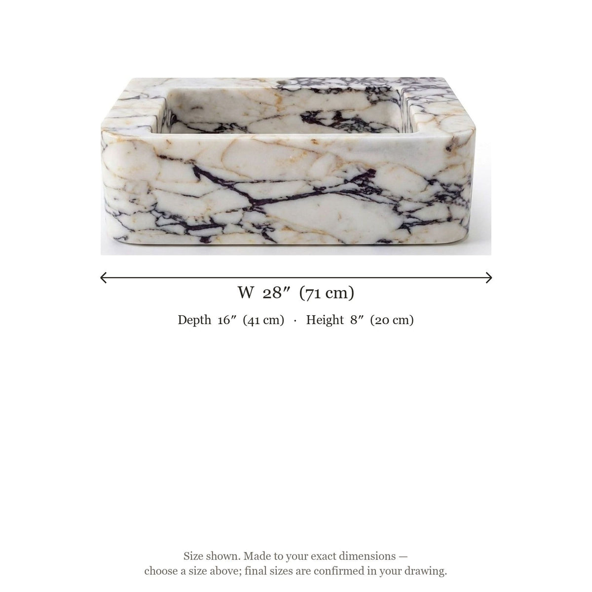 Calacatta Viola Polished Rectangular Marble Sink — dimensions — view 5