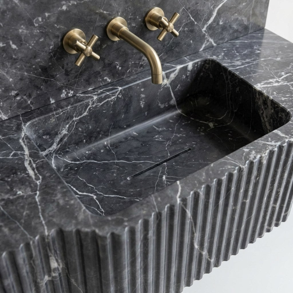Pietra Notte Fluted Marble Sink with Backsplash — detail — view 4