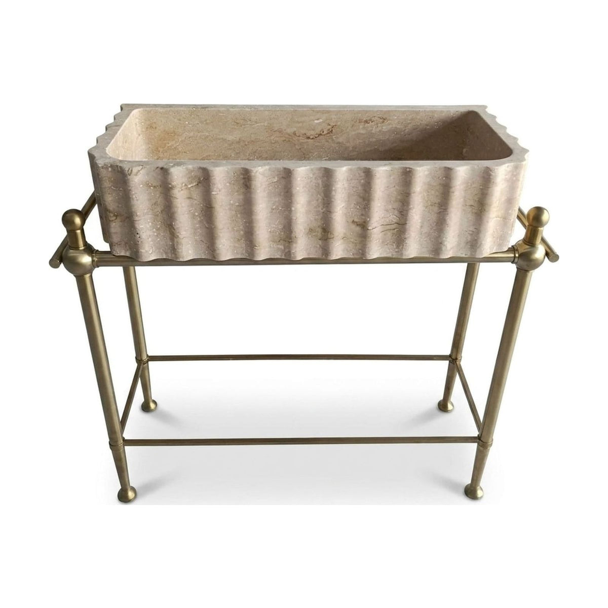 Polished Travertine Fluted Sink with Brass Stand — view 1