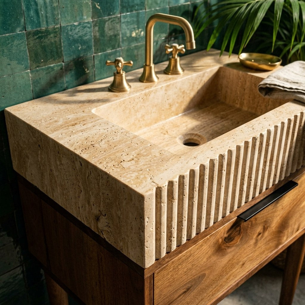 Fluted Travertine Vanity Sink with Honed Finish — premium — view 2