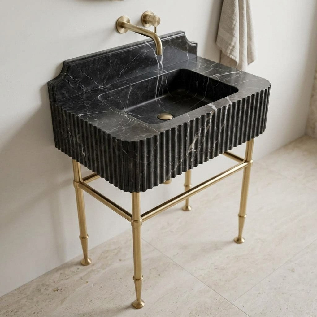 Pietra Notte Fluted Marble Sink with Brass Stand — detail — view 4