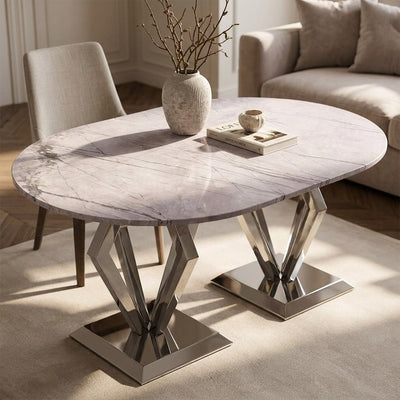 Lilac Marble Oval Table with Brushed Steel Base — premium