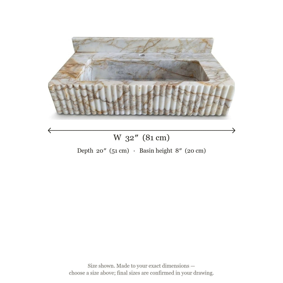 Calacatta Gold Fluted Polished Marble Sink with Metal Stand — dimensions — view 5