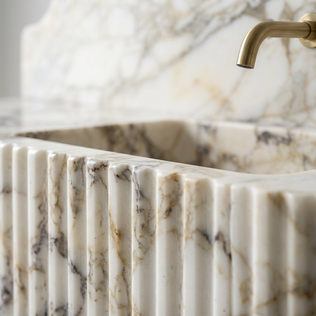 Calacatta Gold Fluted Marble Sink with Backsplash — marble detail — view 3