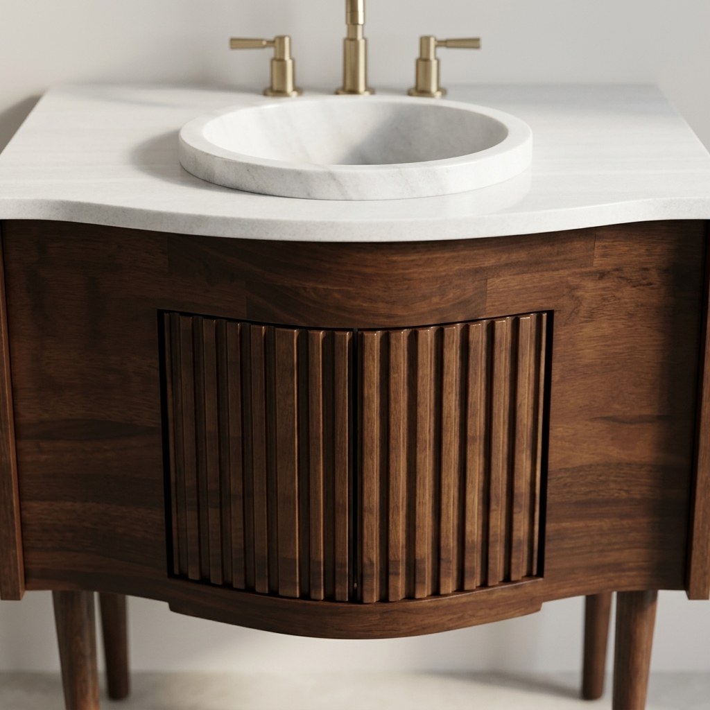 Grey Fluted Marble Vanity with Wood Cabinet — marble detail — view 3