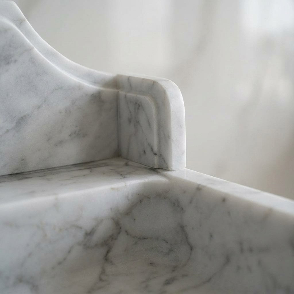 Carrara Marble Sink with Brass Stand and Backsplash — marble detail — view 2