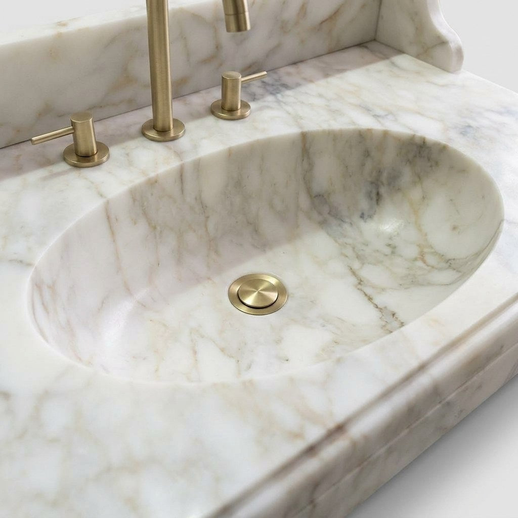 Calacatta Gold Honed Marble Sink with Backsplash — detail — view 4