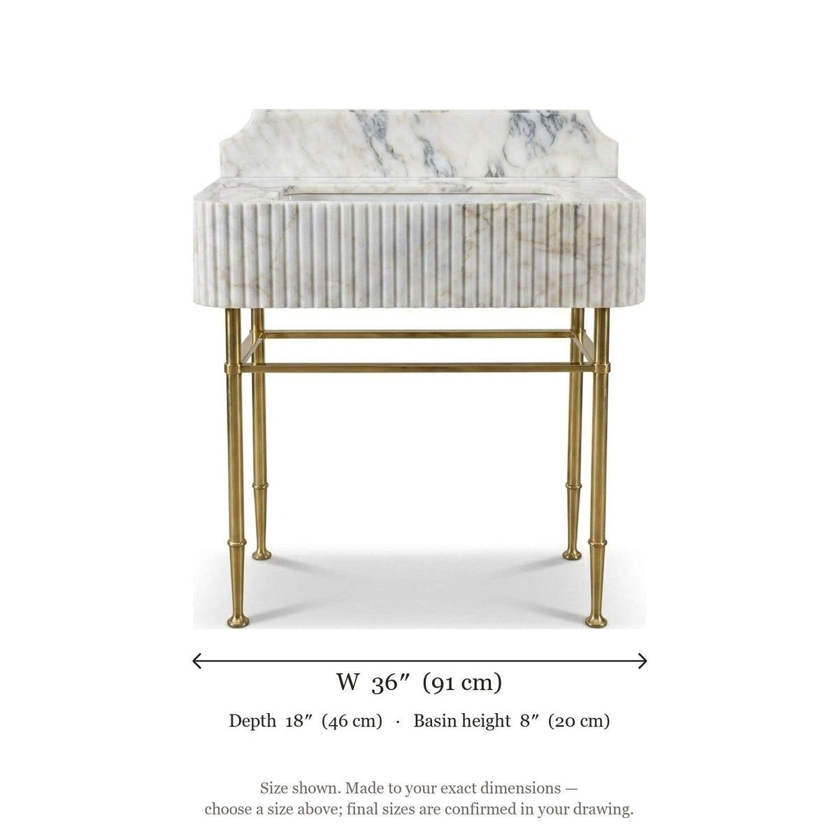 Calacatta Gold Fluted Marble Sink with Brass Stand — dimensions — view 5