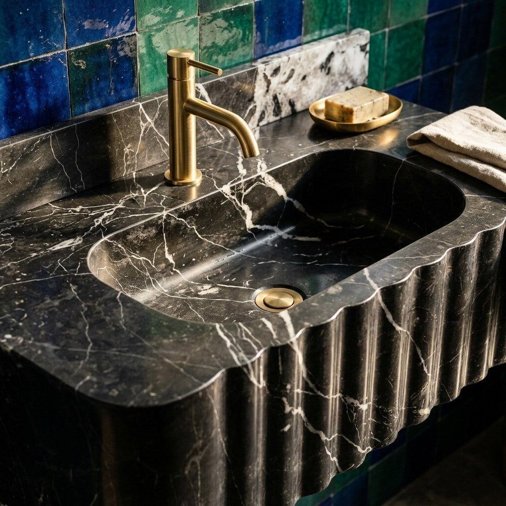 Pietra Notte Fluted Marble Sink with Backsplash — premium — view 2