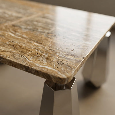 Honed Travertine Table with Brushed Steel Legs — marble detail