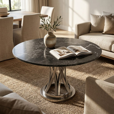 Pietra Notte Marble Round Table with Brushed Steel Base — premium