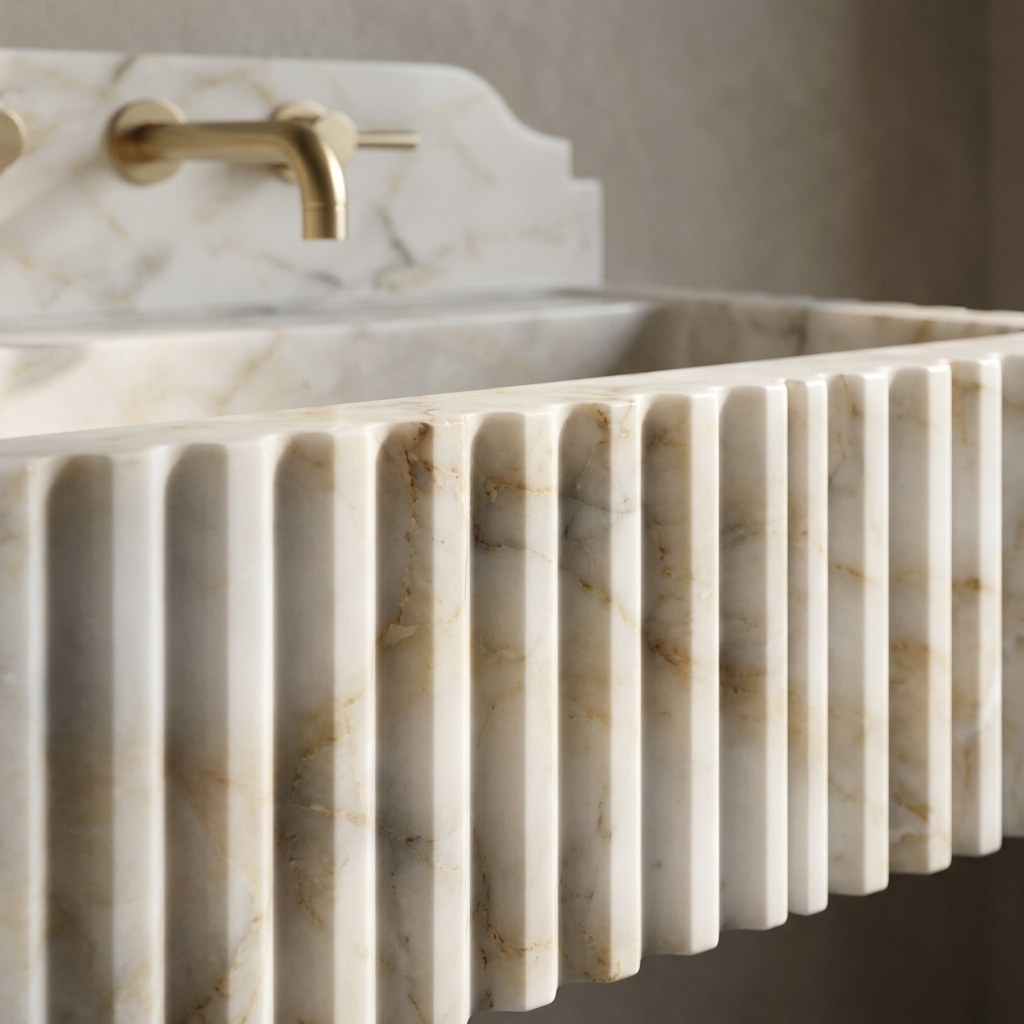 Calacatta Gold Fluted Marble Sink with Backsplash — marble detail — view 3